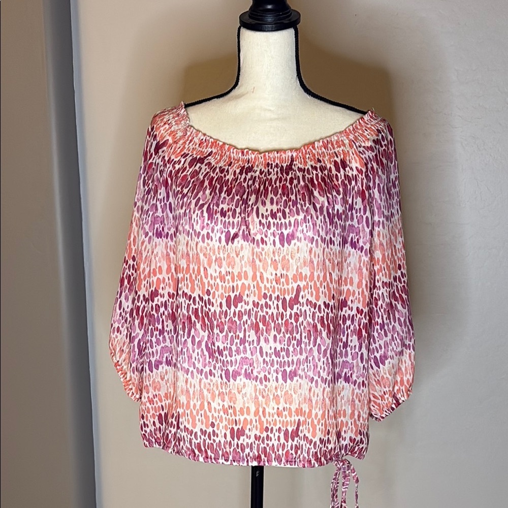 LOFT Women's Pink and Orange Smovhed 3/4 Sleeve Blouse Vibrant and Chic Size Med